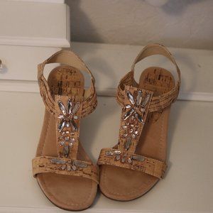 Rhinestone jewels and faux cork sandals